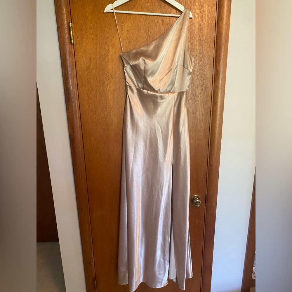 M Kira Birdy Grey Bridesmaid Dress in Shiny Satin Gold